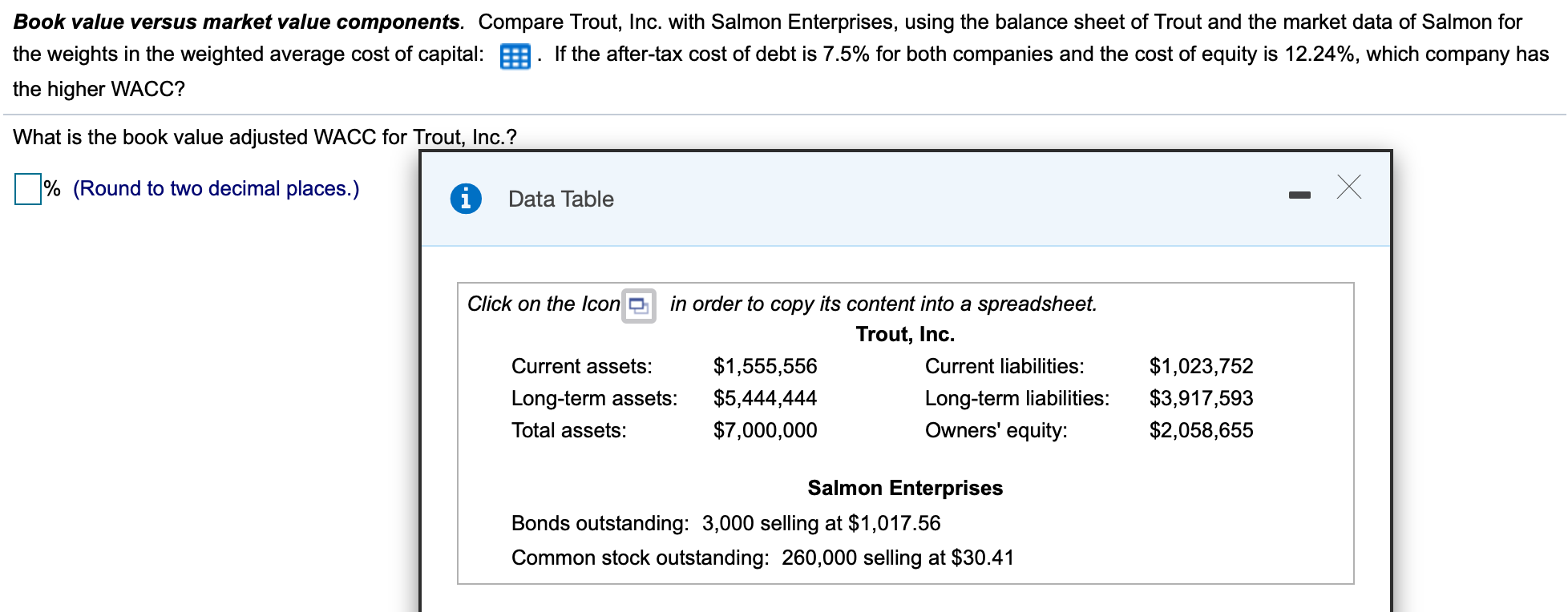  Book value versus market value components. Compare Trout, Inc. with Salmon