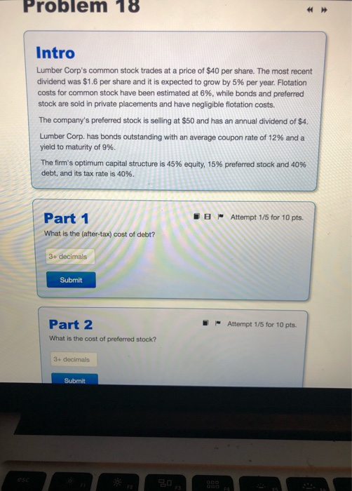  Problem 18 Intro Lumber Corp's common stock trades at a price