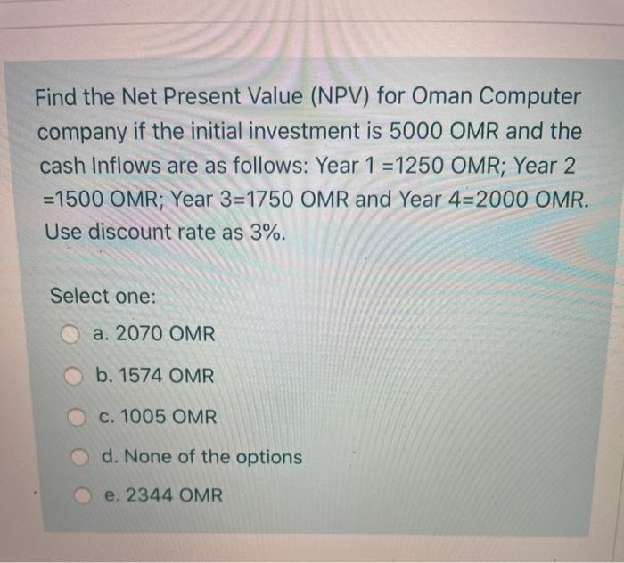  Find the Net Present Value (NPV) for Oman Computer company if