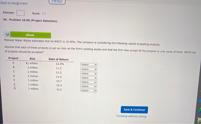  Back to Assignment 19:02 Attempts: Score: 77 34. Problem 10.05 (Project