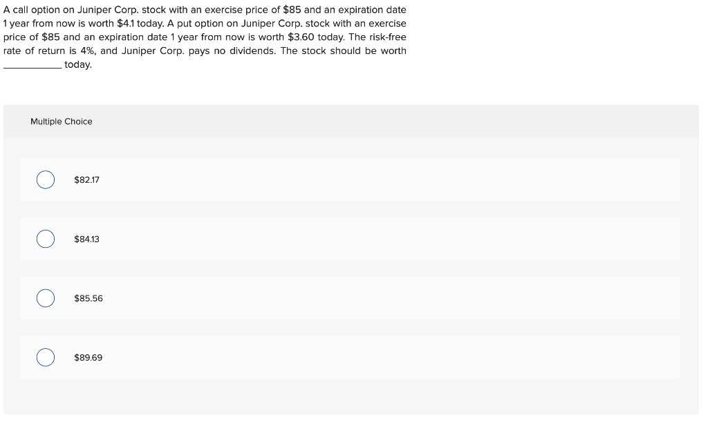 A call option on Juniper Corp. stock with an exercise price