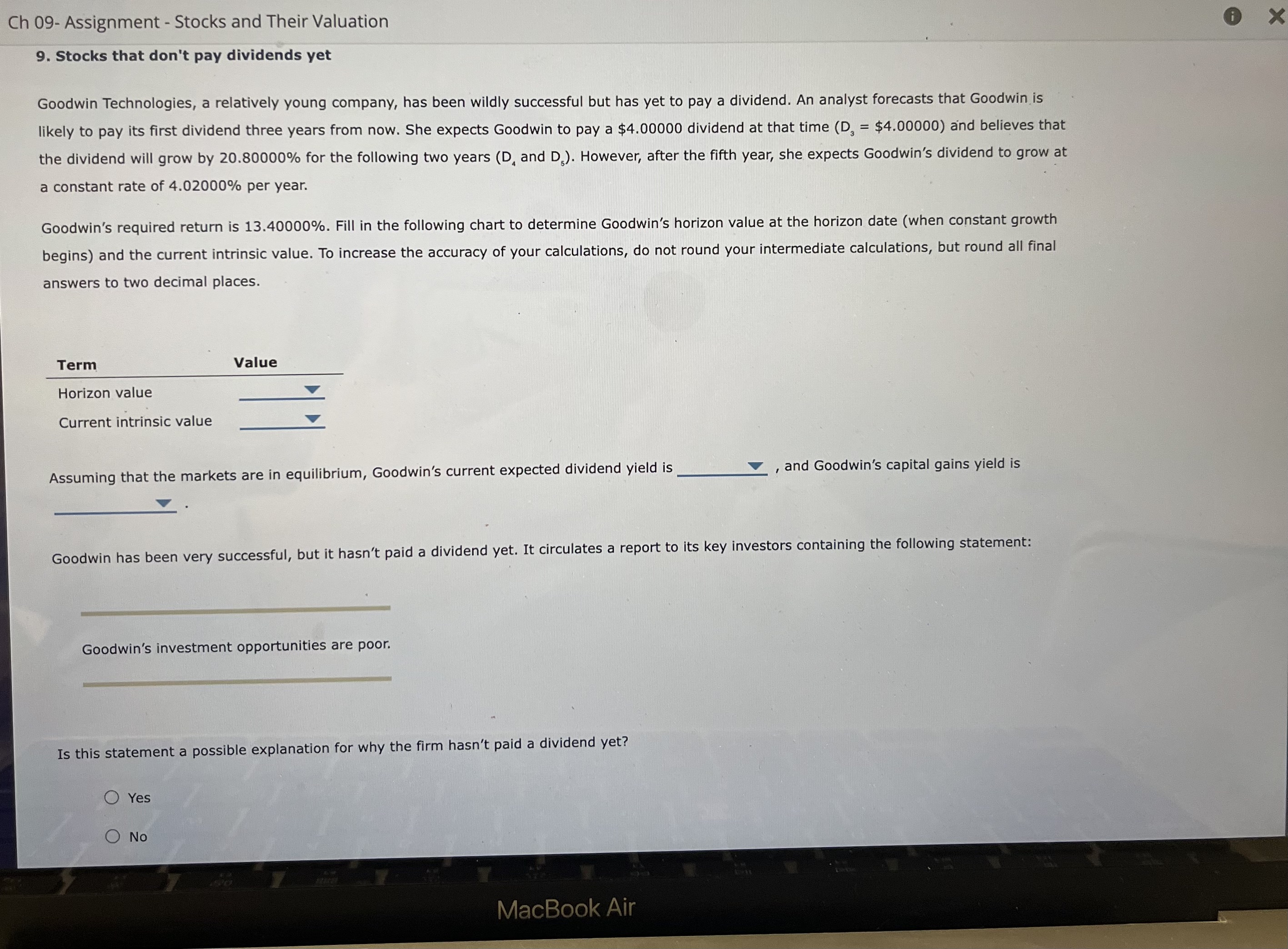  Ch 09- Assignment - Stocks and Their Valuation Stocks that don't