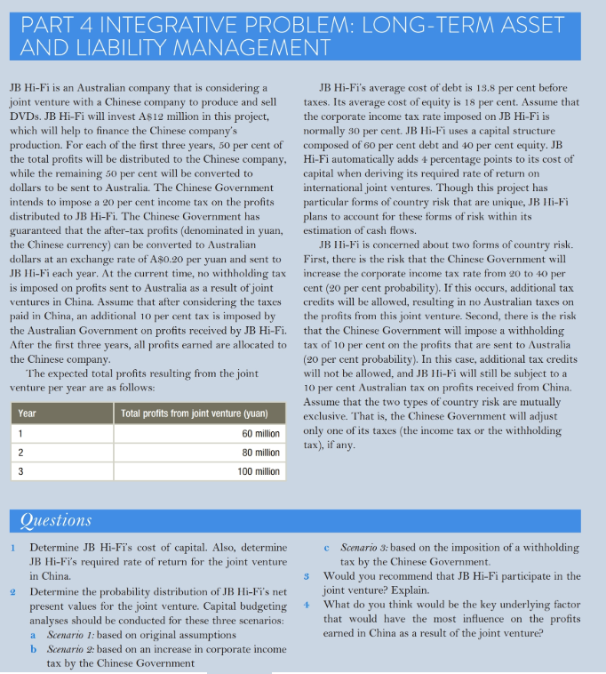  PART 4 INTEGRATIVE PROBLEM: LONG-TERM ASSET AND LIABILITY MANAGEMENT JB Hi-Fi