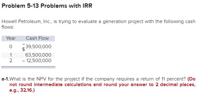  Problem 5-13 Problems with IRR Howell Petroleum, Inc., is trying to