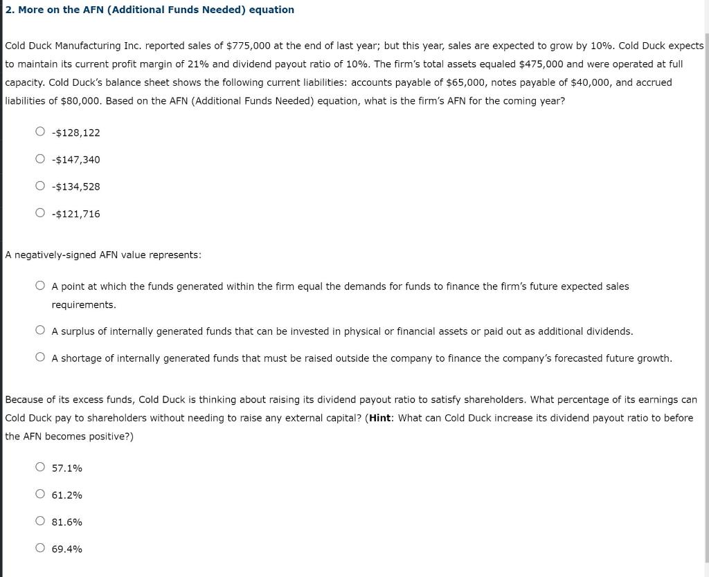  2. More on the AFN (Additional Funds Needed) equation Cold Duck
