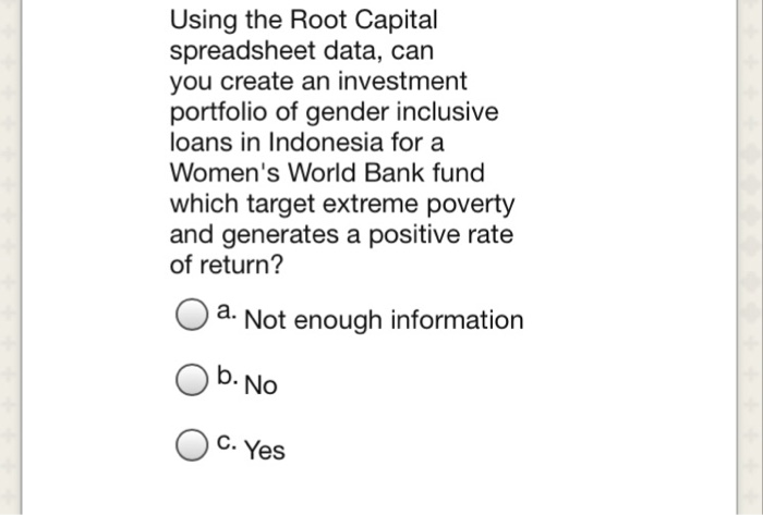  Using the Root Capital spreadsheet data, can you create an investment