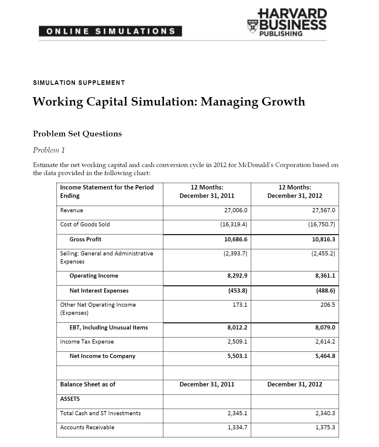 HARVARD 933305555 SIMULATION SUPPLEMENT Working Capital Simulation: Managing Growth Problem Set