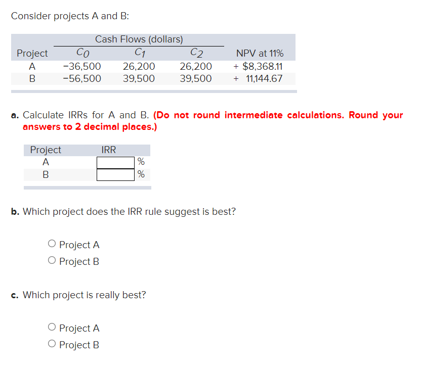 Consider projects A and B: C1 Project A B Cash Flows