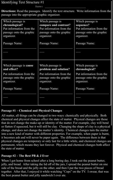  Identifying Text Structure #1 Name: Directions: Read the passages. Identify the