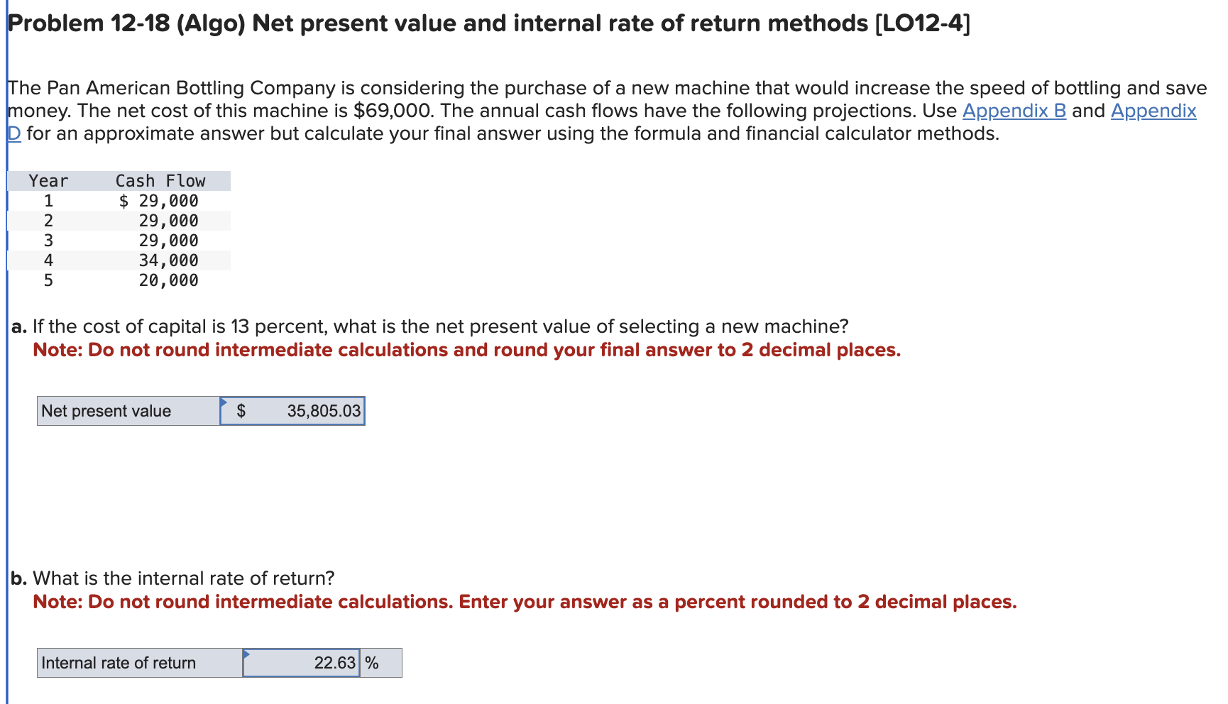 Problem 12-18(Algo) Net present value and internal rate of return methods