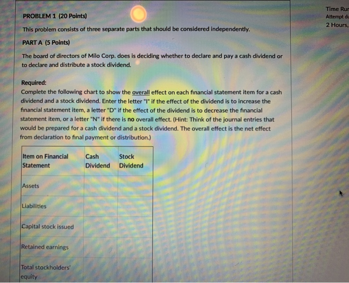  Time Rur Attempt d 2 Hours PROBLEM 1 (20 Points) This