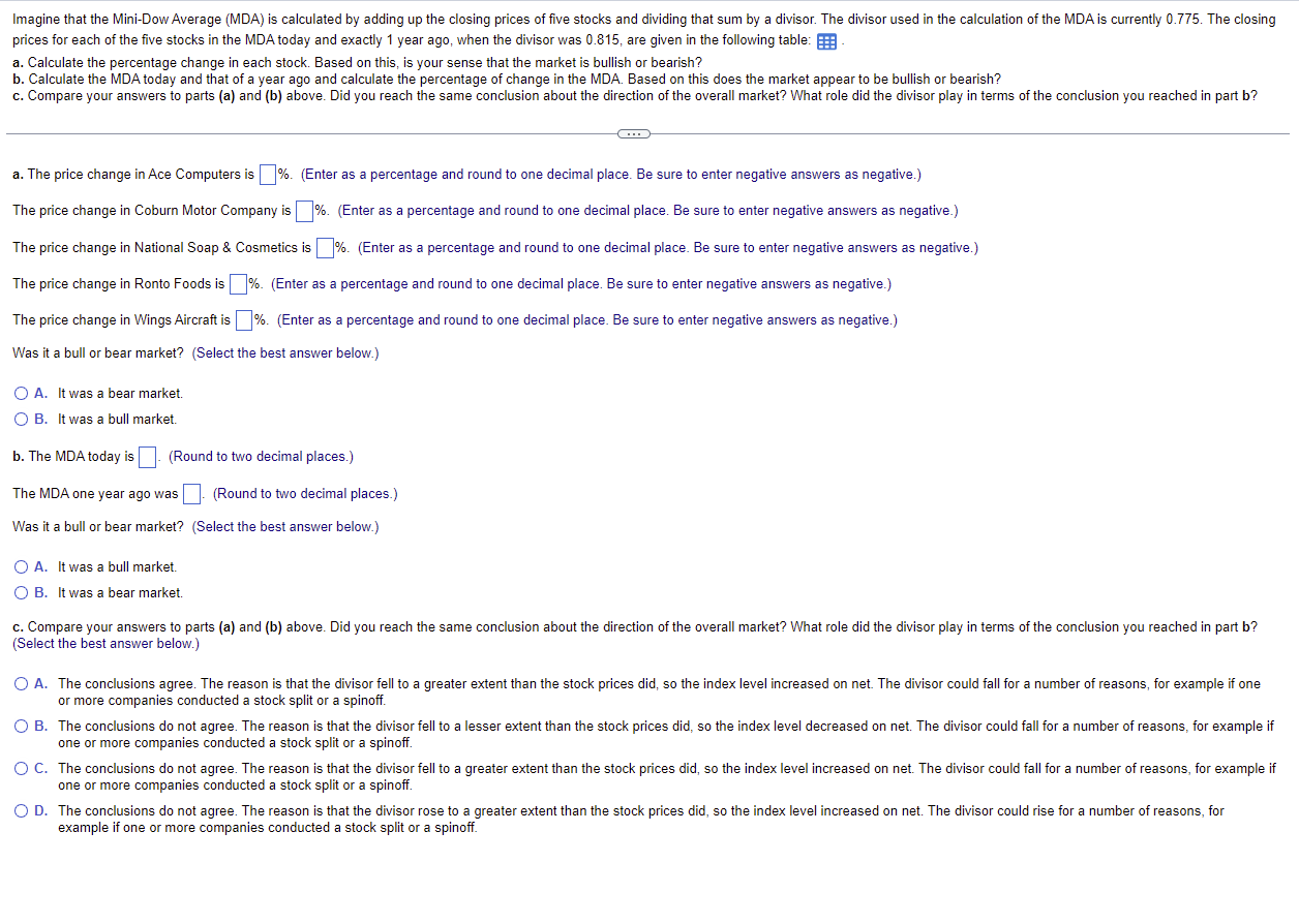Please Help Imagine that the Mini-Dow Average (MDA) is calculated by adding