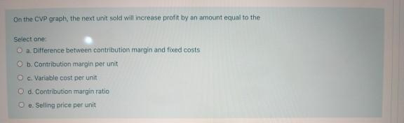  On the CVP graph, the next unit sold will increase profit