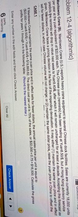  VULUI oblem 12-4 (algorithmic) Manitowoc Crane (B). Manitowoc Crane (U.S.) exports