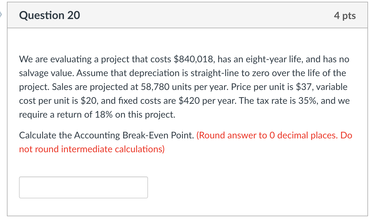  Question 20 4 pts We are evaluating a project that costs
