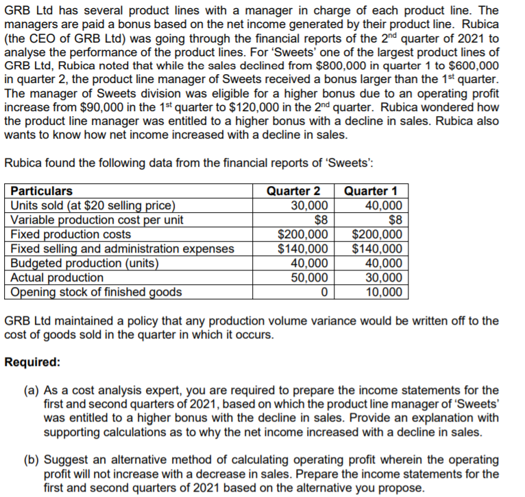  GRB Ltd has several product lines with a manager in charge