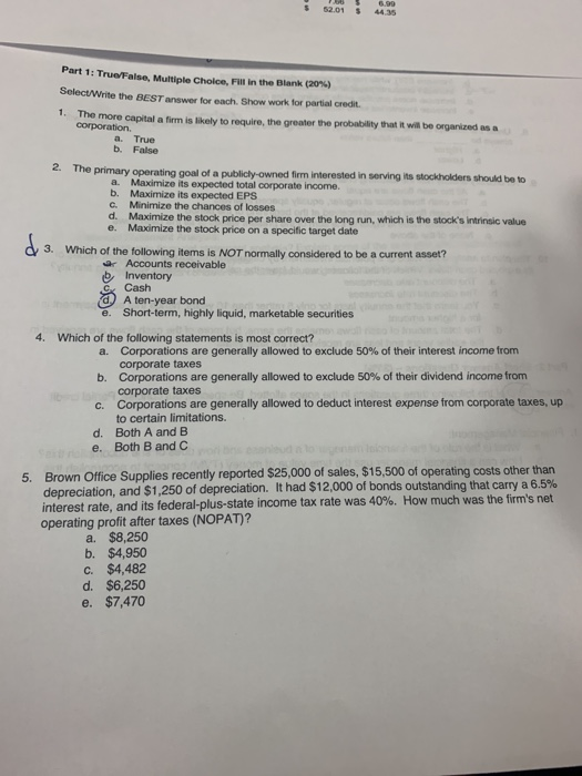  Part 1: True False, Multiple Choice, Fall in the Blank (20%)