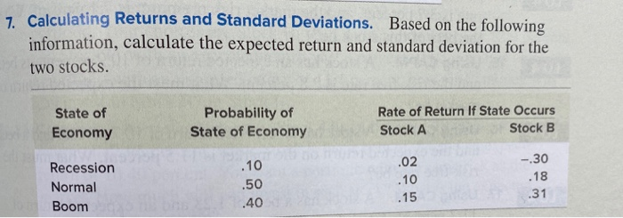  7 Calculating Returns and Standard Deviations. Based on the following information,