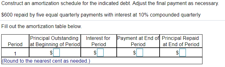 Construct an amortization schedule for the indicated debt. Adjust the final