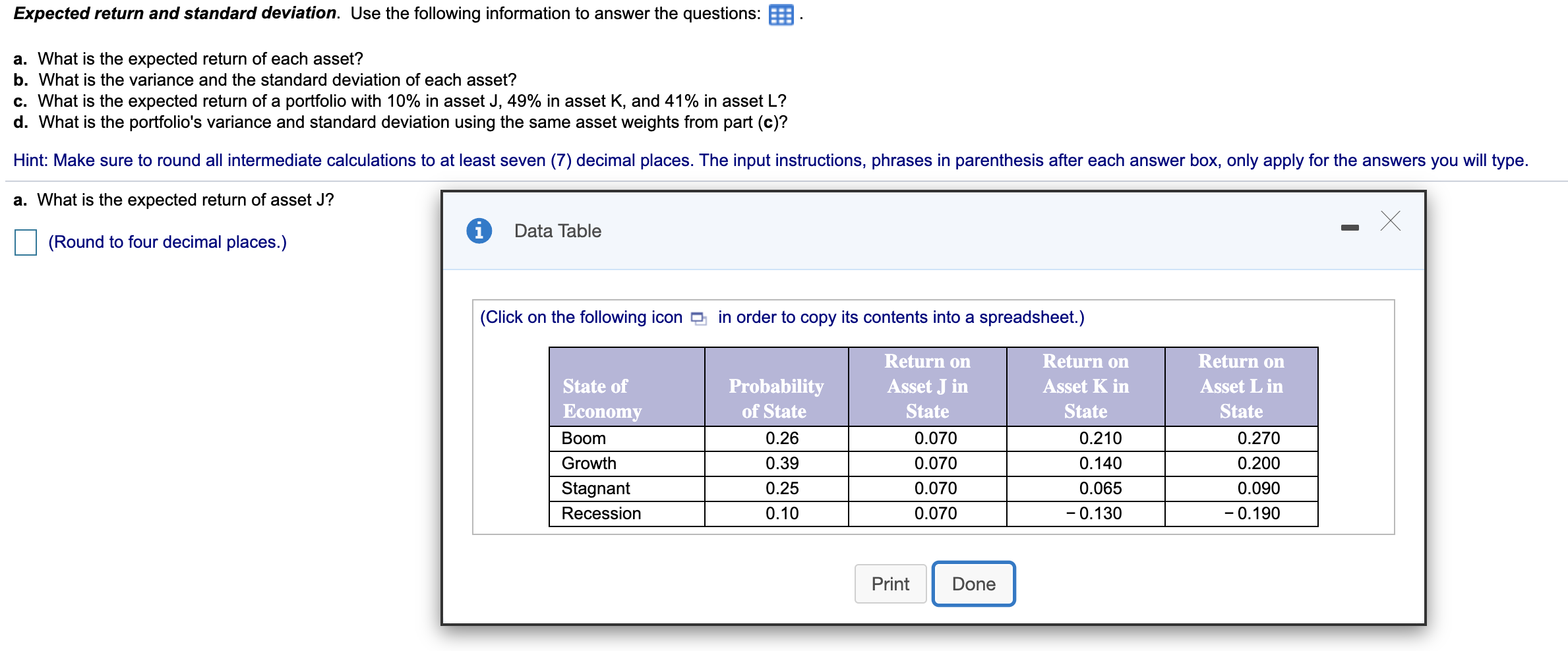 Expected return and standard deviation. Use the following information to answer