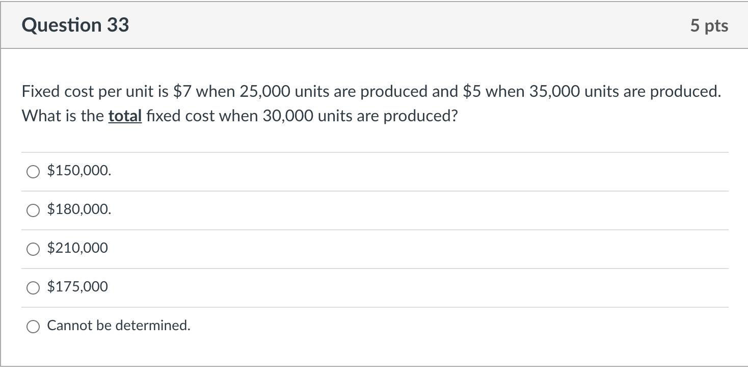  Question 33 5 pts Fixed cost per unit is $7 when