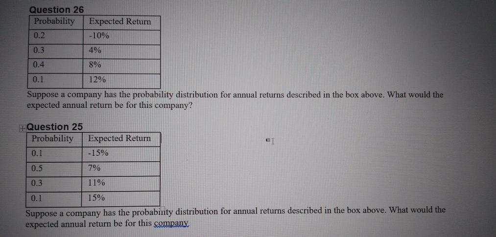  Question 26 Probability 0.2 Expected Return -10% 0.3 4% 0.4 8%