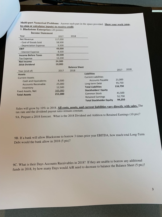  Multi-part Numerical Problems: Answer each part in the space 9. Blackstone