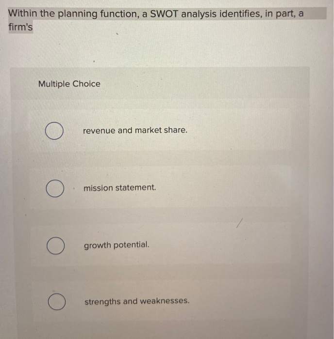 please answer clearly Within the planning function, a SWOT analysis identifies, in