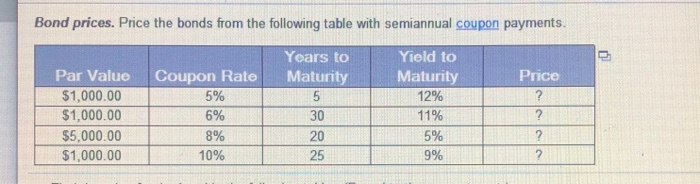  Bond prices. Price the bonds from the following table with semiannual