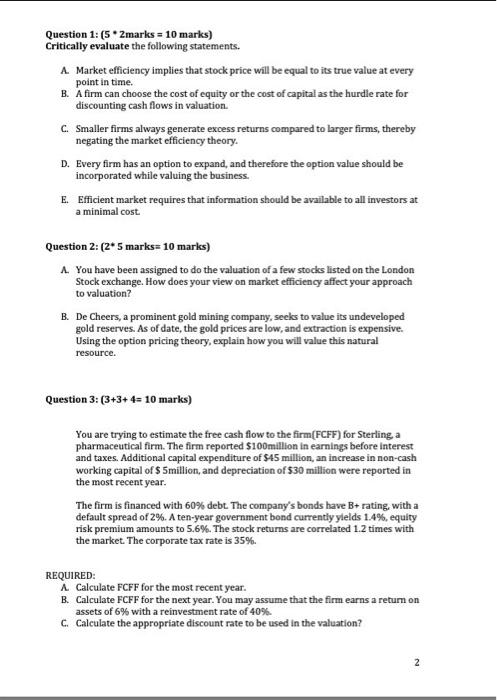  point in time. Question 1: (5 * 2marks = 10 marks)