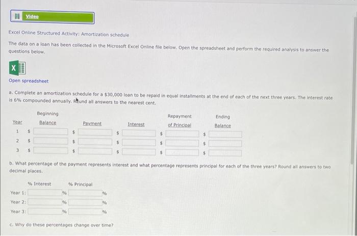 Excel Online Structured Activity: Amortization schedule The data on a loan