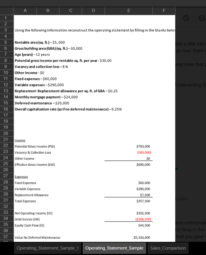 construct a basic cash flow and sales adjustment grid for a property.