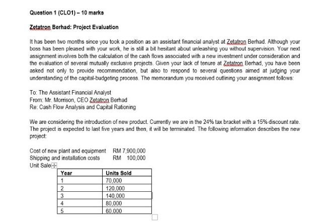  Zetatron Berhad: Project Evaluation It has been two months since you