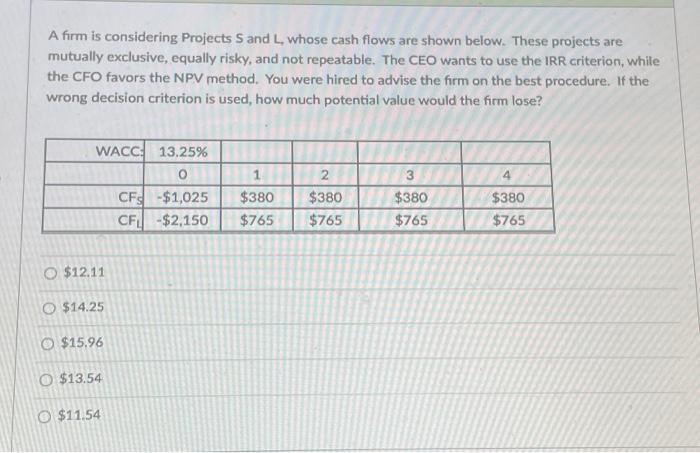  A firm is considering Projects S and L, whose cash flows