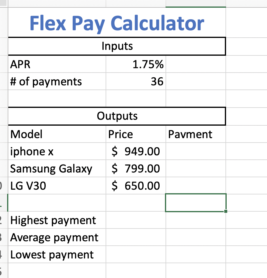 In cell C8, enter a PMT function to calculate the monthly flex