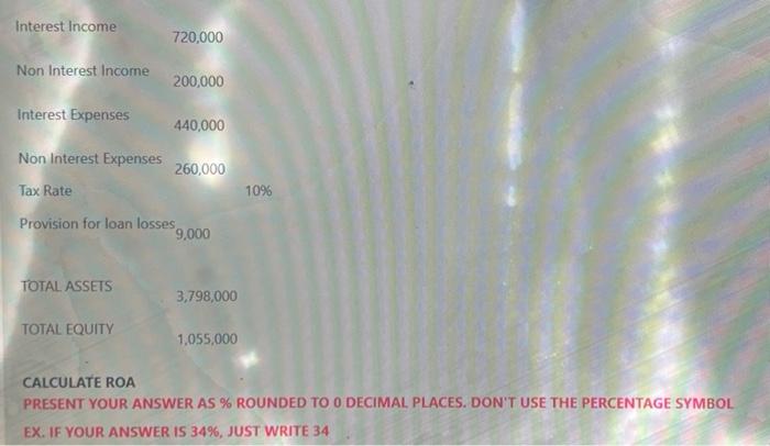  CALCULATE ROA PRESENT YOUR ANSWER AS \% ROUNDED TO O DECIMAL.