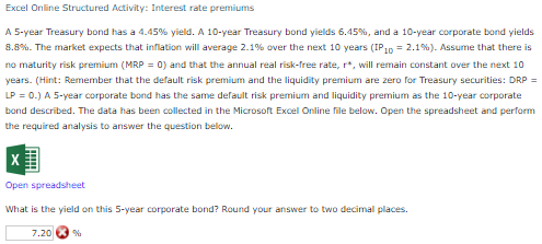  Excel Online Structured Activity: Interest rate premiums A 5-year Treasury bond