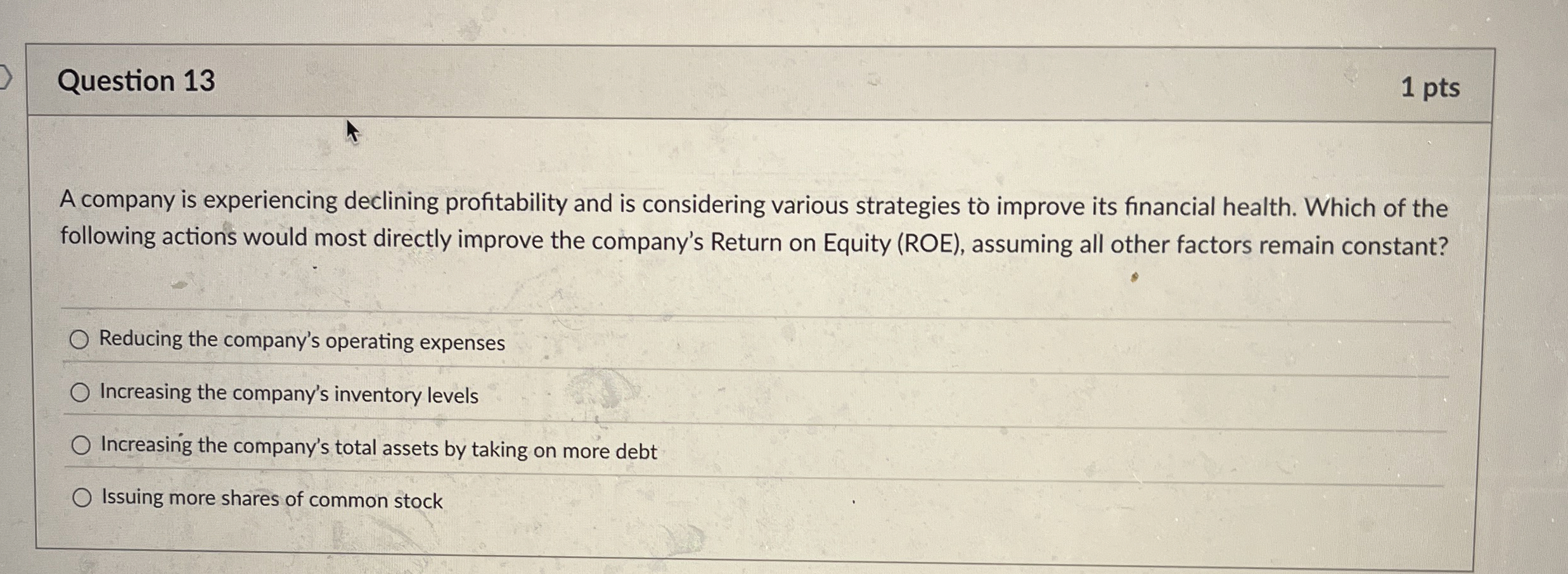  Question 13 A company is experiencing declining profitability and is considering