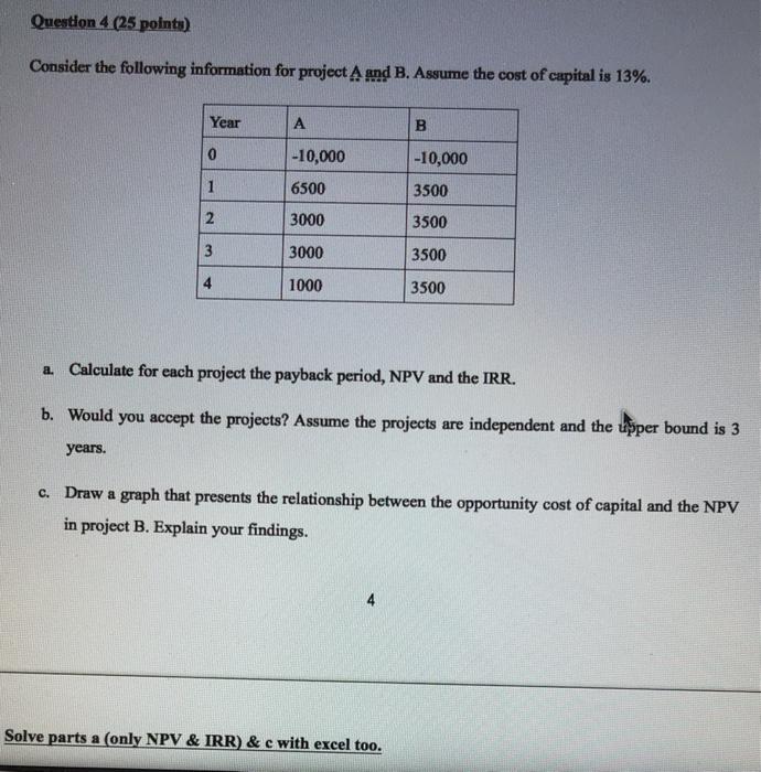 Question 4 (25 points) Consider the following information for project A