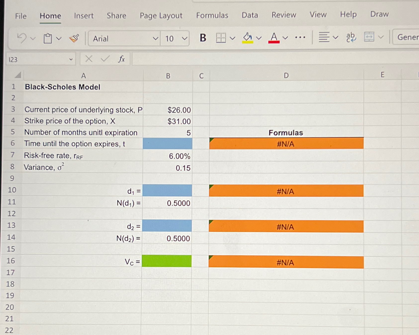  Excel Online Structured Activity: Black-Scholes Model Assume the following inputs for