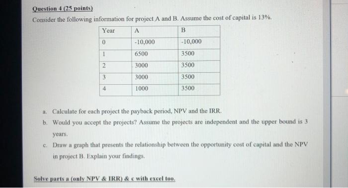  Question 4 (25 points) Consider the following information for project A