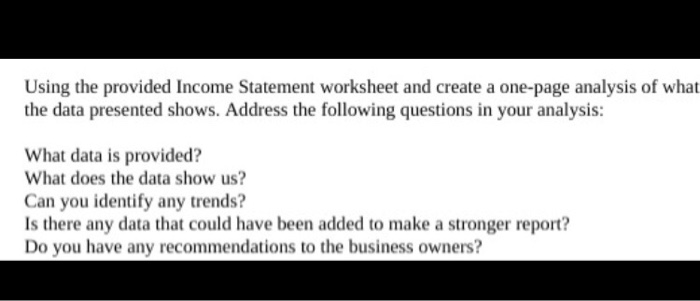  Using the provided Income Statement worksheet and create a one-page analysis