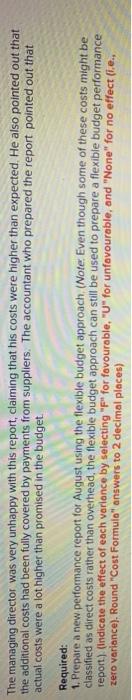 of each variance by selecting "P" for favourable, "U" for unfavourable, and