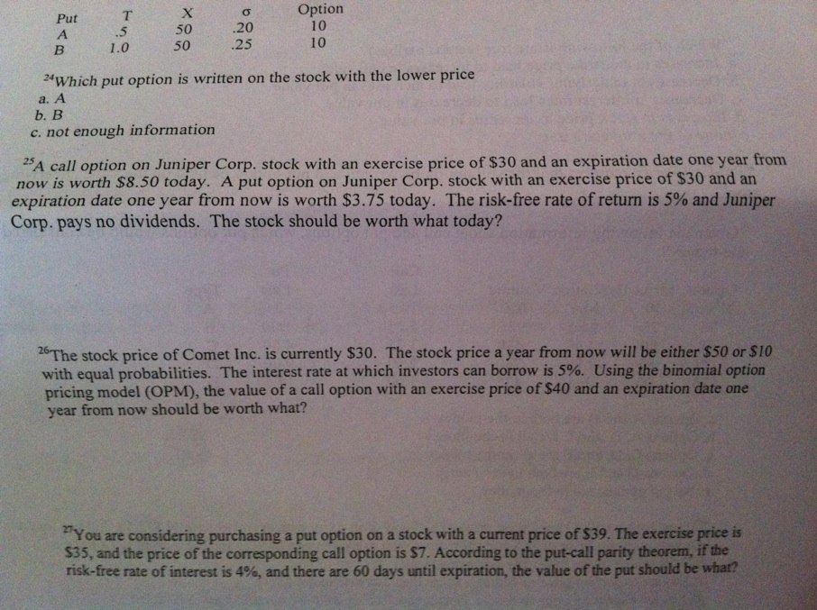 i need steps for question 25,26, &27 Which put option is written