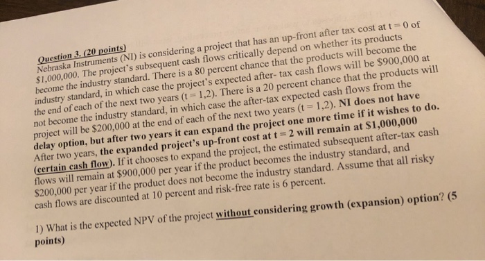  Question 3. (20 points) Nebraska Instruments (NI) is considering a project