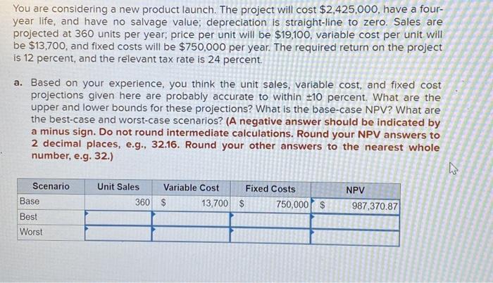  You are considering a new product launch. The project will cost