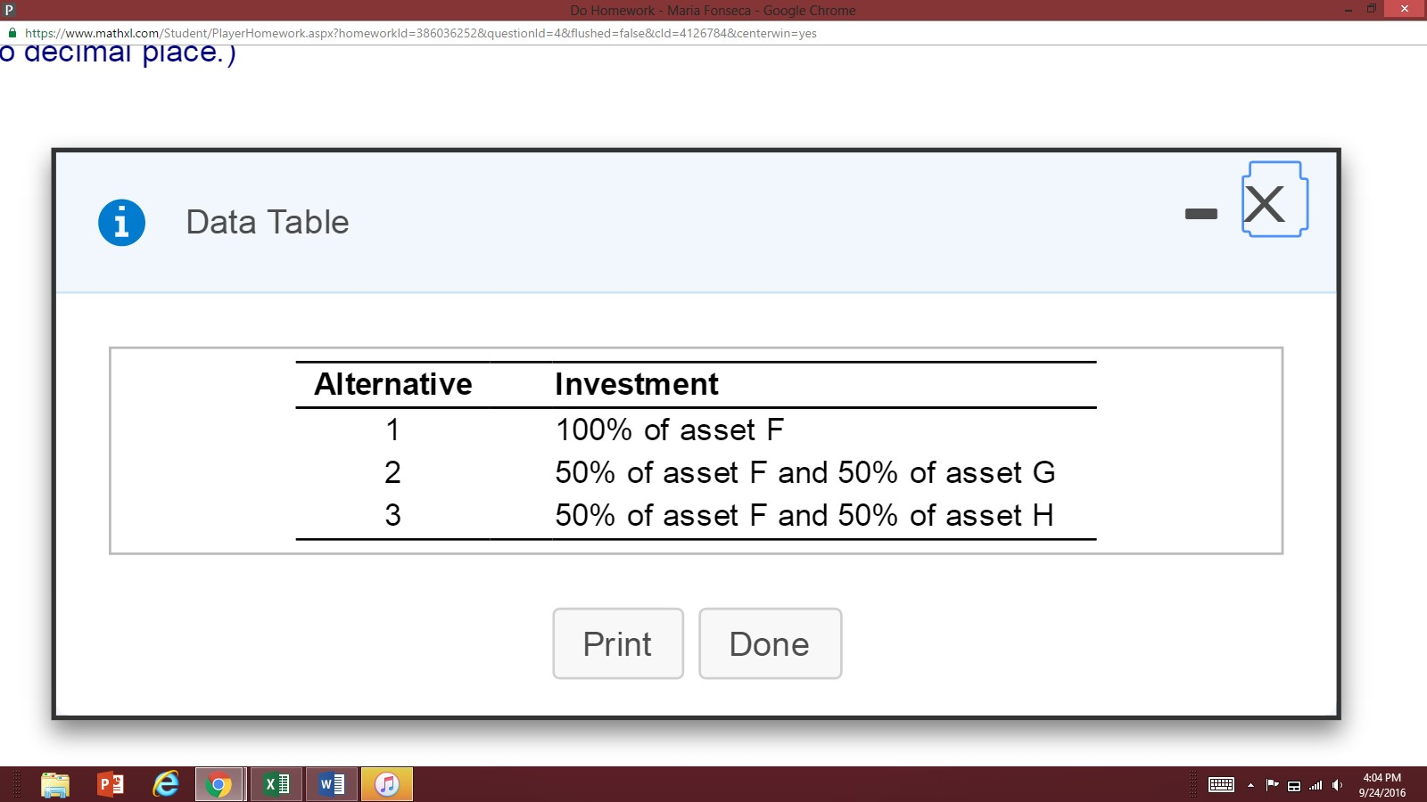 the first table on three assets ?F, ?G, and Hover the period?