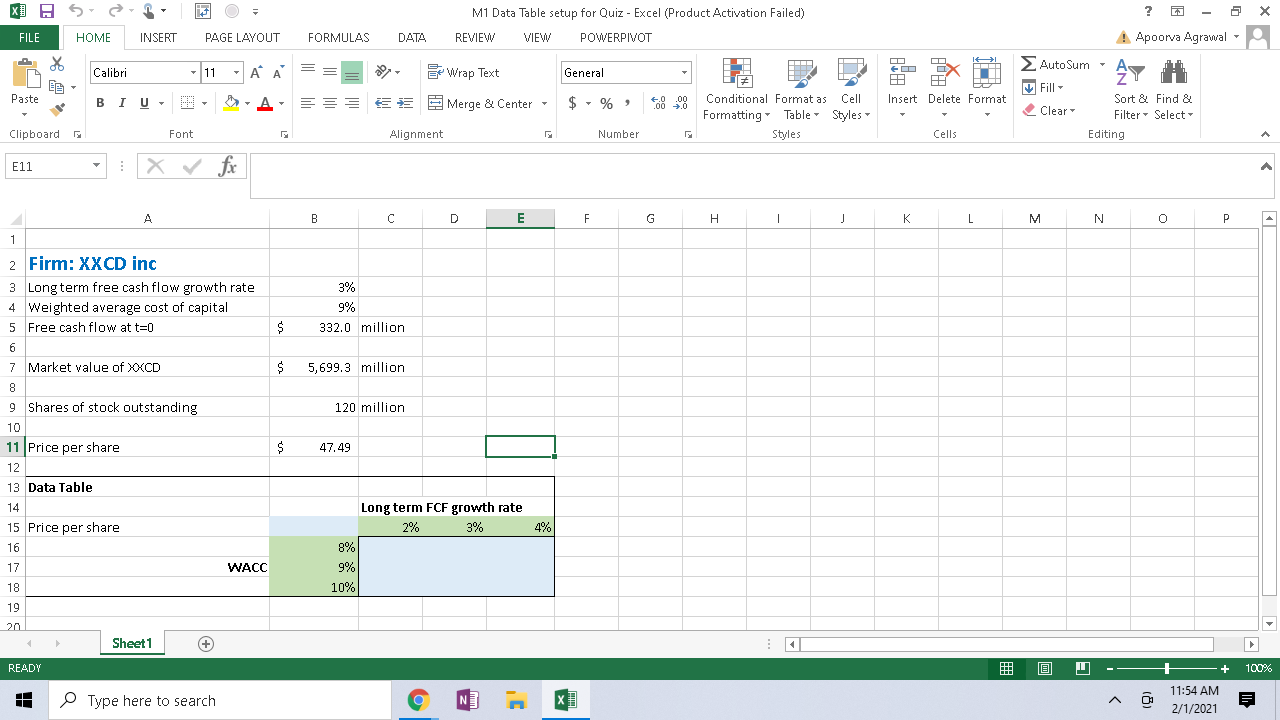 Construct the data table in cells C16 to C18. Your aim is