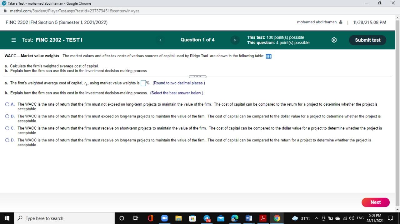  Take a Test - mohamed abdirhaman - Google Chrome mathxl.com/Student/Player Test.aspx?testid=2373734518.centerwin=yes
