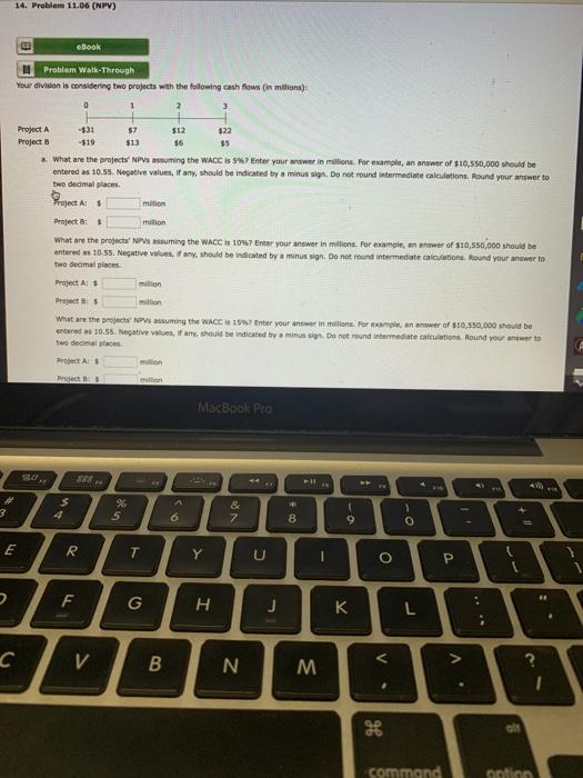  14. Problem 11.06 (NPV) eBook Problem Walk-Through Your division is considering